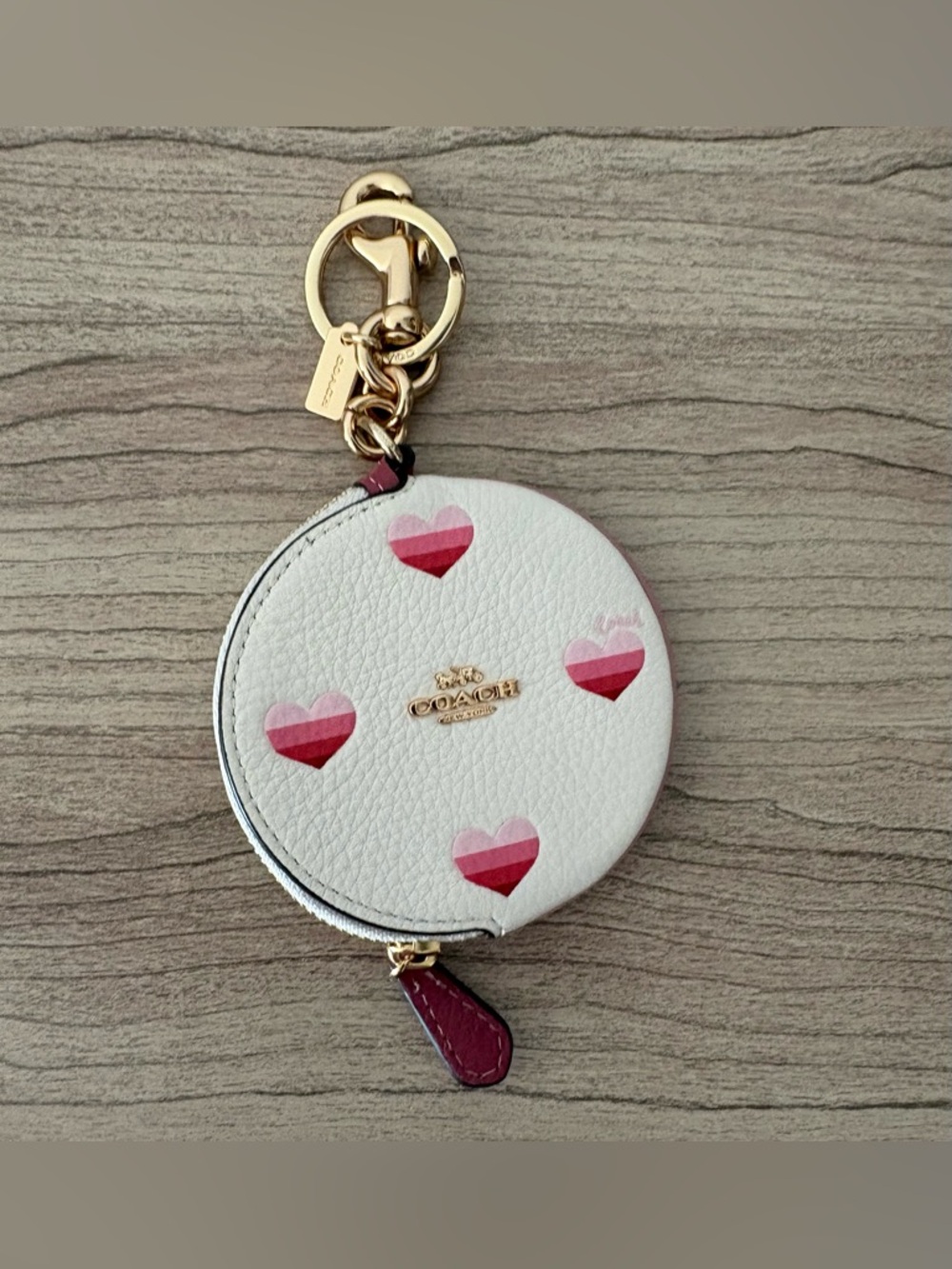 Coach White Round Coin Pouch Keychain with Pink Hearts